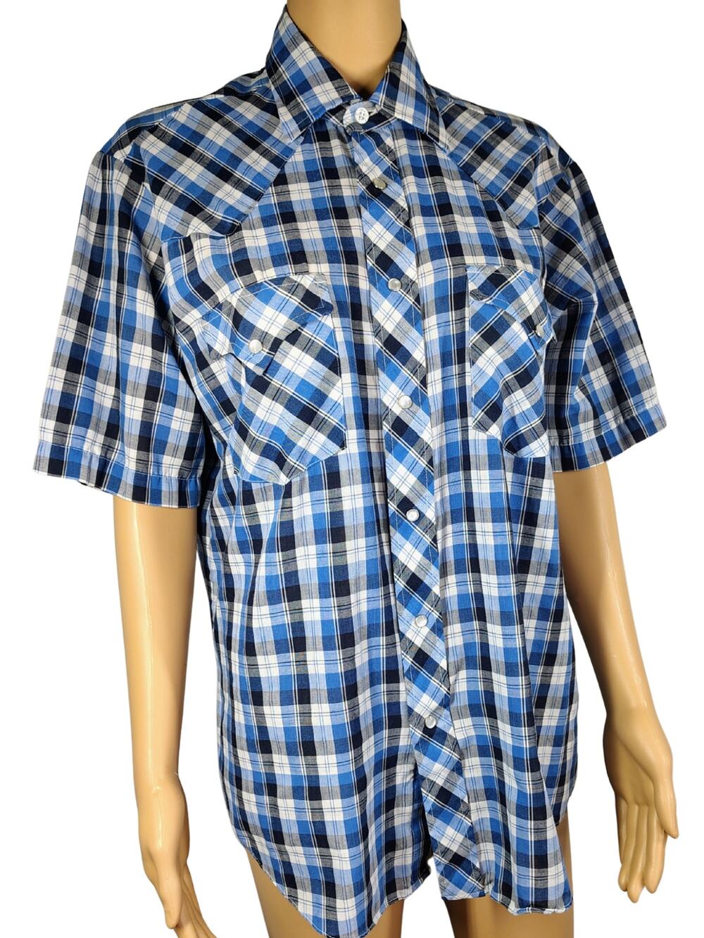 1960s Blue Plaid Pearl Snap Button Short Sleeve Western Cowboy Shirt Size Med